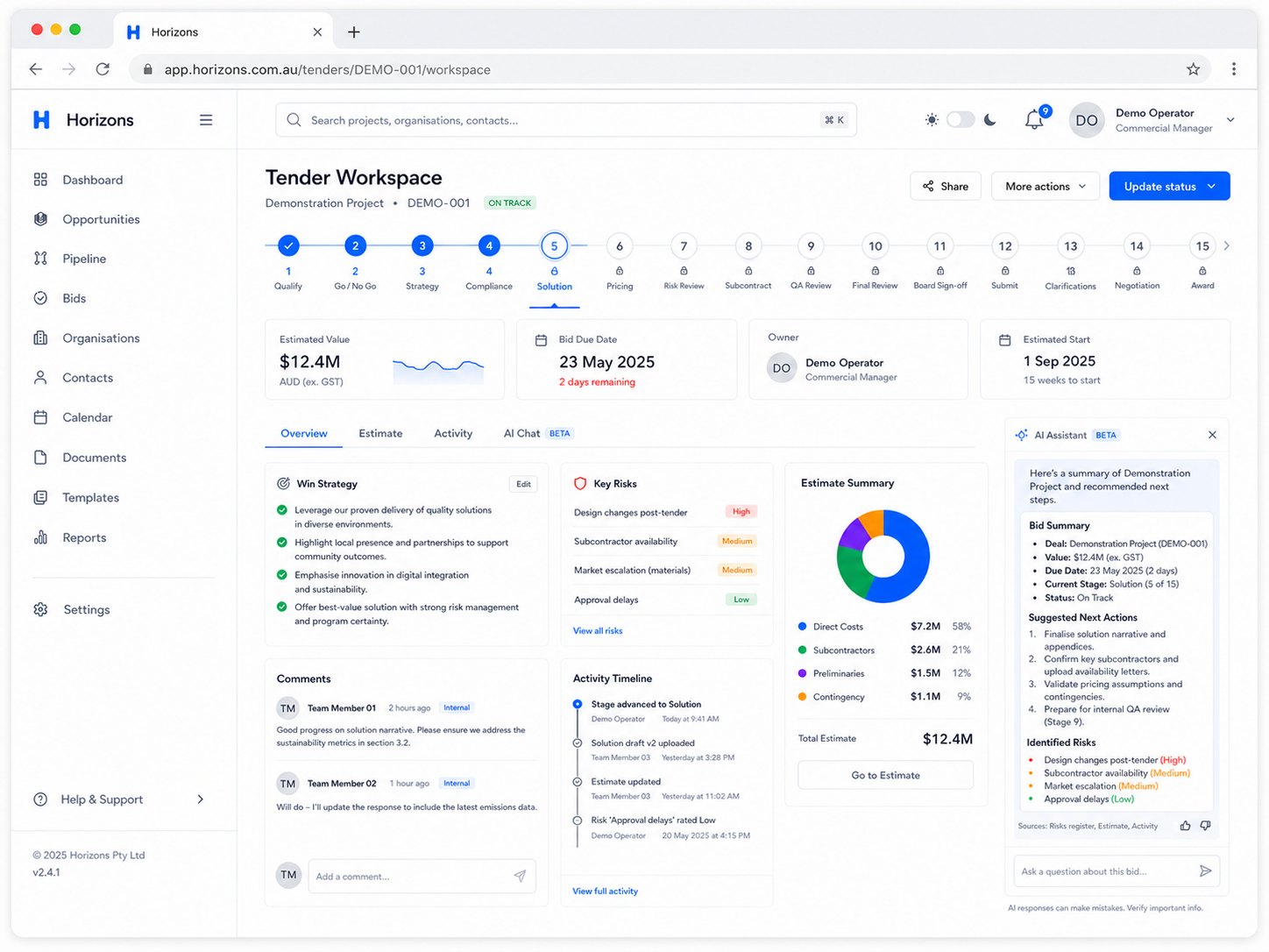Horizons tender workspace demonstration